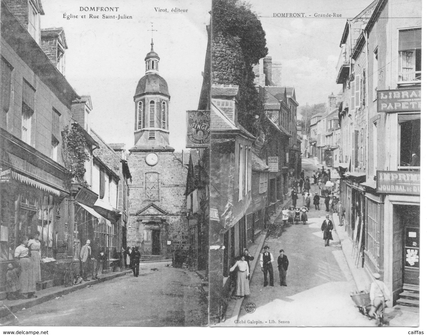 DOMFRONT 2 CARTES POSTALES GRANDE RUE-EGLISE ET RUE SAINT JULIEN - Domfront