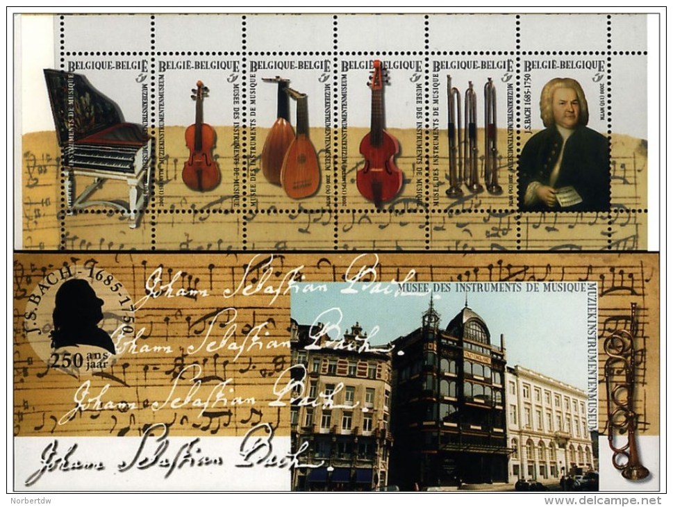 Belgium**J.S. BACH-MUSIC INSTRUMENTS MUSEUM-BOOKLET 6vals-2000-Violin-Harpsichord-Lute-MNH - Unused Stamps