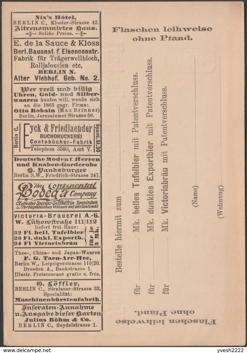 Allemagne 1889. Entier Postal Annonces Vendu à Tarif Réduit. Bouteilles De Bière Montre Bodega, Vins Espagnols Portugais - Beers
