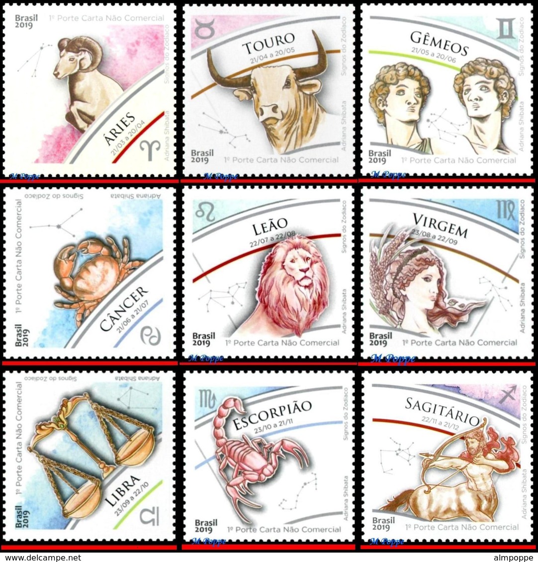 Ref. BR-SIGN BRAZIL 2019 ASTROLOGY, ZODIAC SIGNS,ARIES TAURUS, ... VIRGO LIBRA SCORPIO SAGITTARIUS, MNH 9V - Ungebraucht