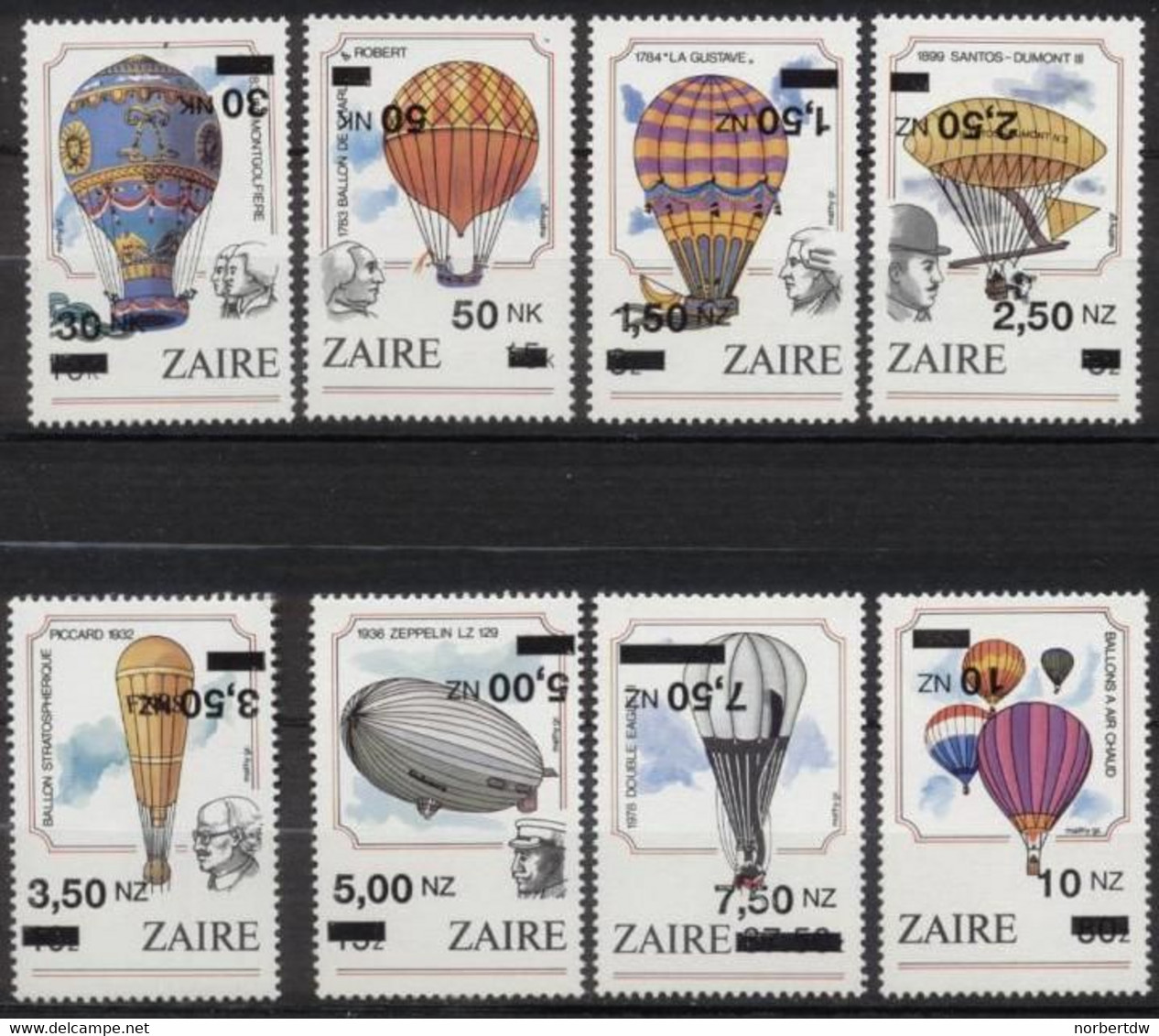 CONGO**BALLOONS-DOUBLE INVERTED SURCHARGES-Catval 190$/160€-ocb 1457/64-1994-MNH-AVIATION-Montgolfières - Otros & Sin Clasificación