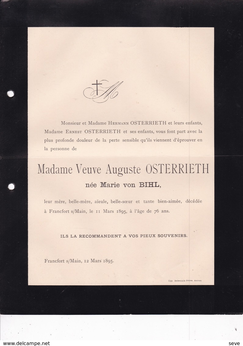 FRANCFORT ANVERS Marie Von BIHL Veuve Auguste OSTERRIETH 76 Ans 1895 - Décès