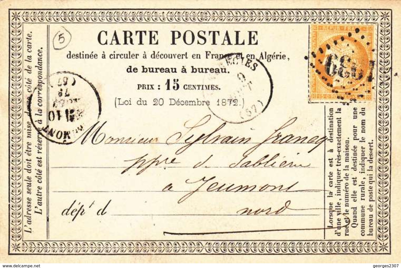 ♦ -   FRANCE: PRÉCURSEURS CARTE/ ENTIER POSTAL 1873 - LOSANGE 1939 - LANDRECIES POUR JEUMONT- RECTO/VERSO - Precursor Cards