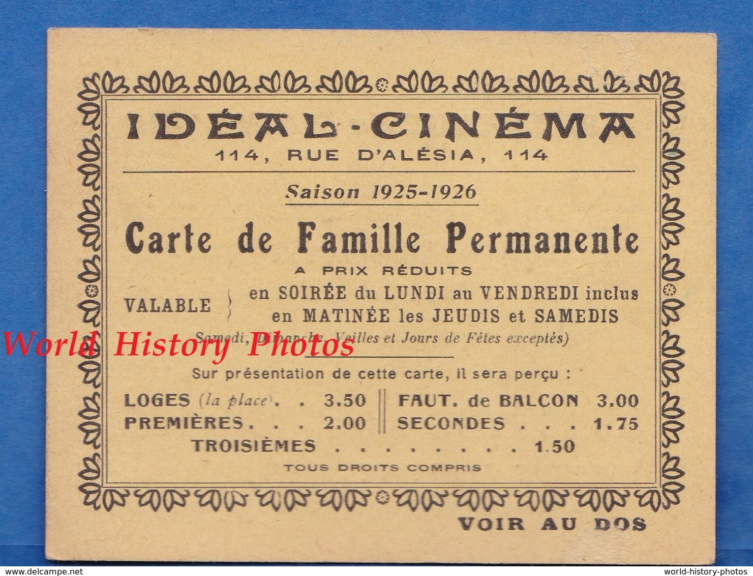 Carte Ancienne - PARIS 14e - IDEAL CINEMA - Saison 1925 / 1926 - Prix Réduit Pour Famille - TOP RARE - Arrondissement: 14