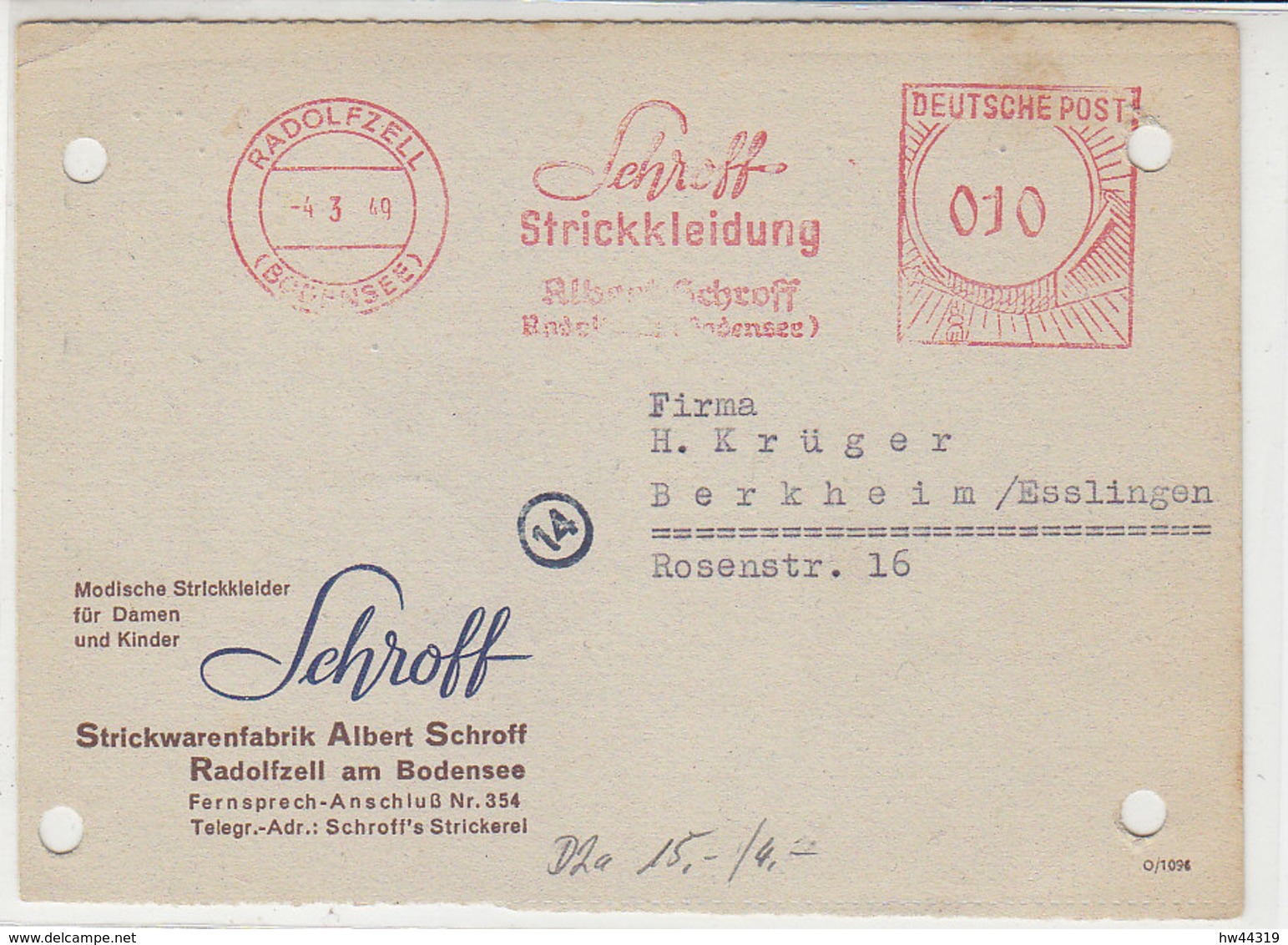 Freistempel Der Schroff Strickkleidung .. Aus RADOLFZELL 4.3.49 - Covers & Documents