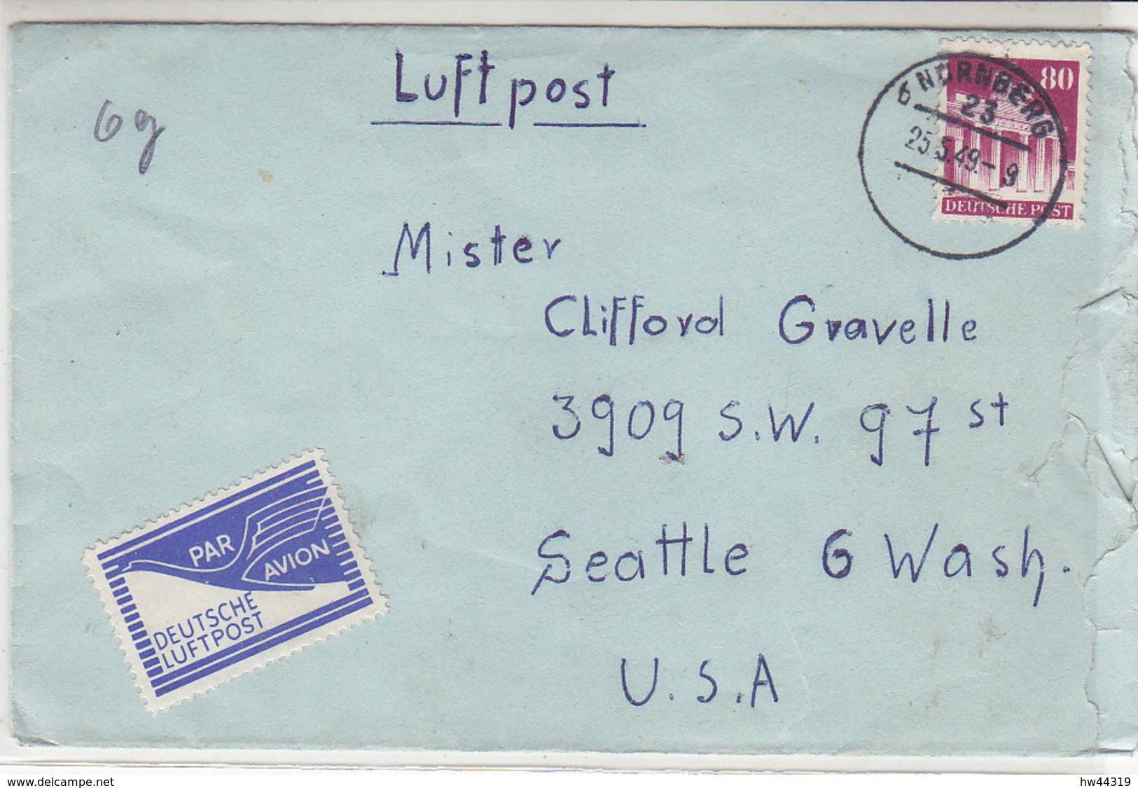 Luftpost Mit Flugpost-Marke Aus NÜRNBERG 25.5.49 Nach Seattle / USA Öffnungsmangel - Covers & Documents