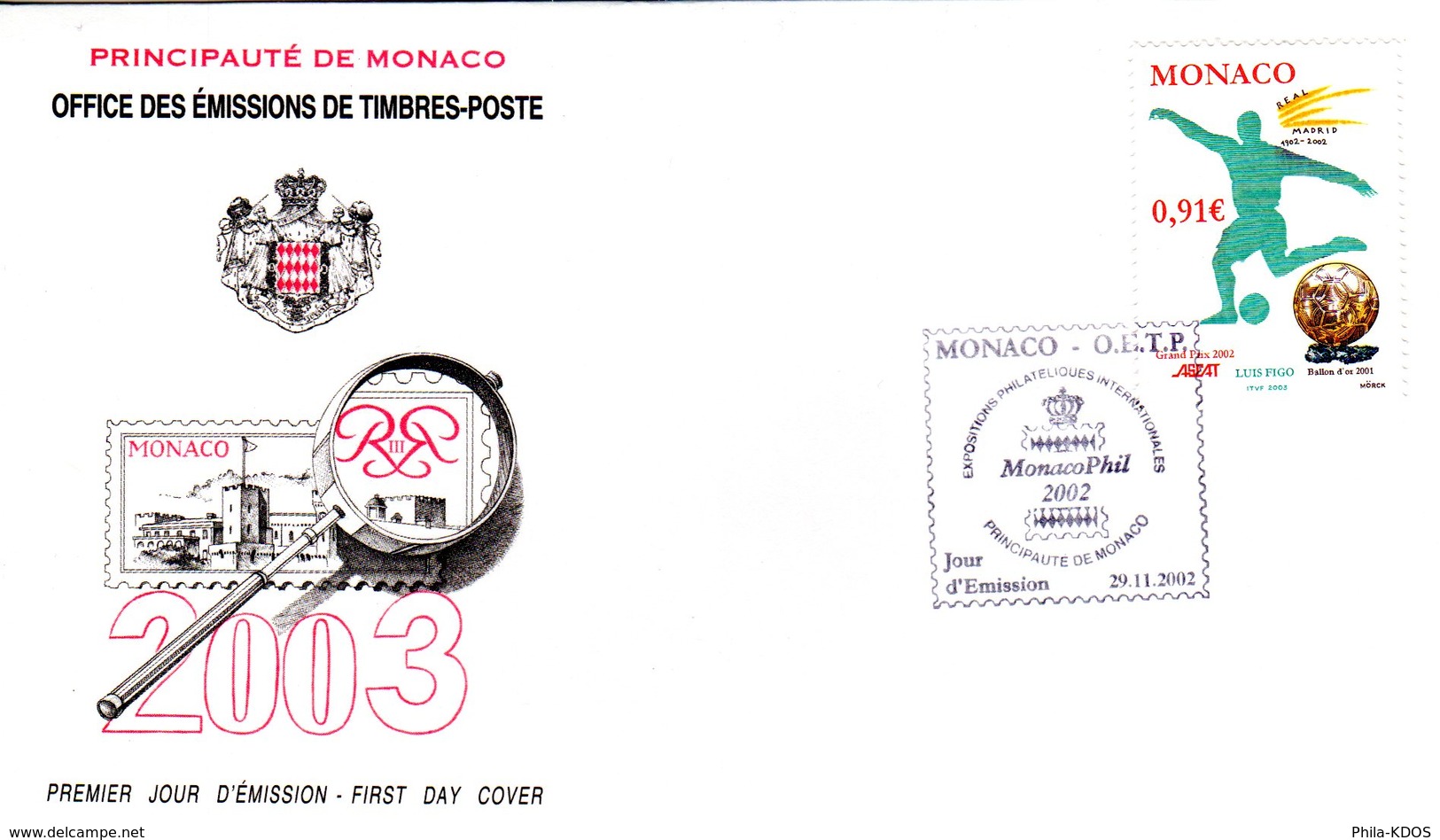 &#9917; " LUIS FIGO BALLON D'OR 2002" Sur Enveloppe 1er Jour De 2002. Parfait état Mais FERMEE. FDC - Covers & Documents