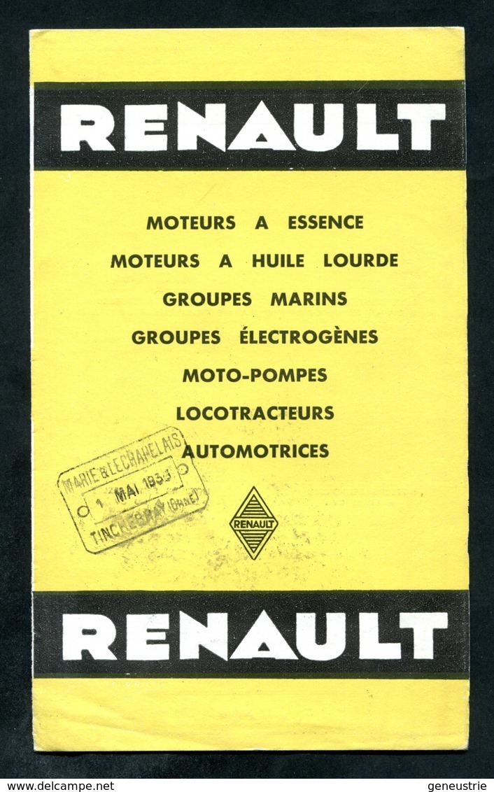 Publicité Pour Moteurs Renault "locotracteur De Mines, Automotrice Etat Ou SNCF, ..."  Marie & Chapelais à Tinchebray - Machines