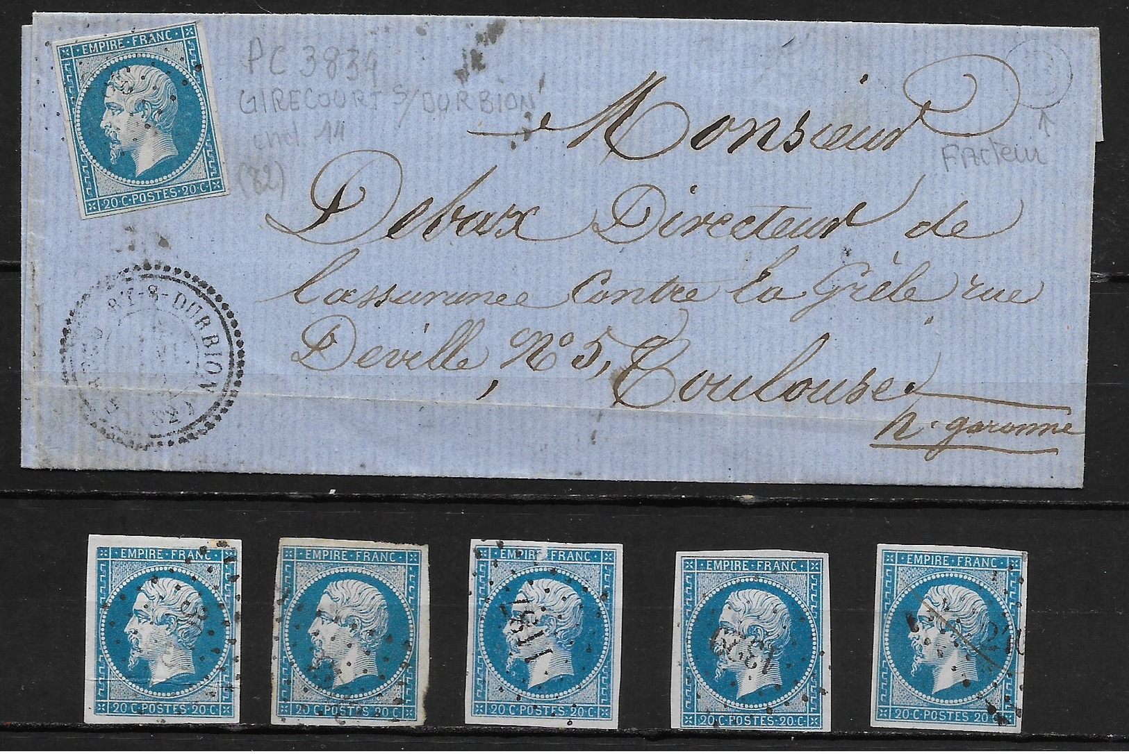FRANCE N° 14 LETTRE PETIT CHIFFRE 3834 + 5 DETACHES ( VOSGES (82) - 1853-1860 Napoleon III