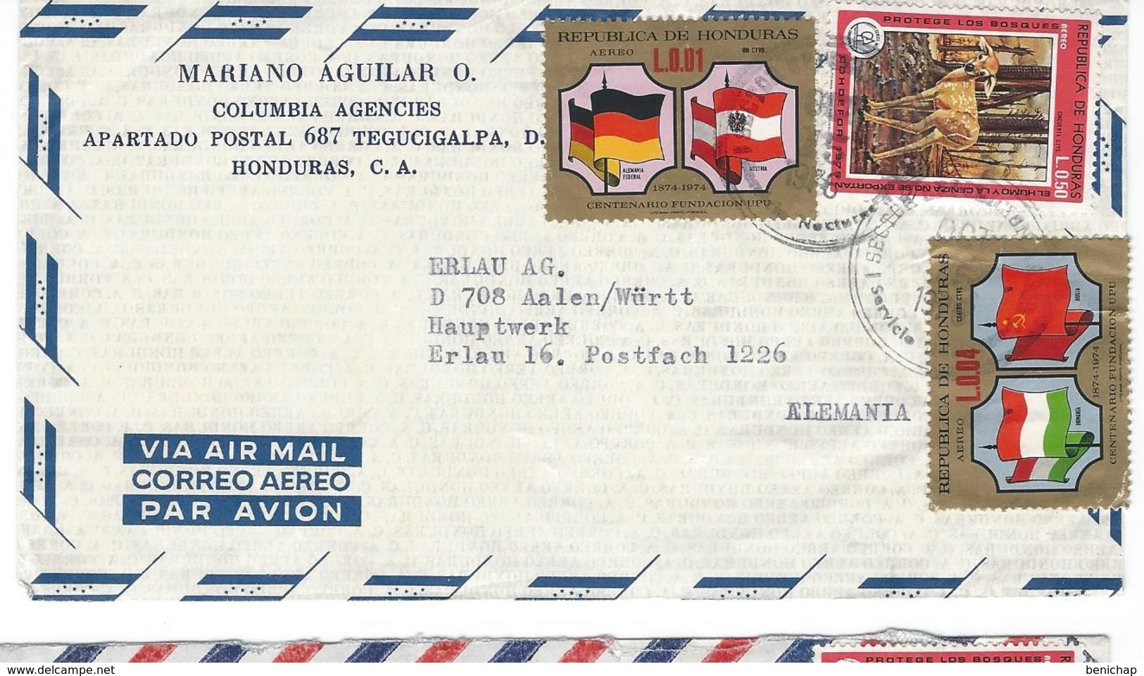 COVER CORREO AERO - BY AIR MAIL - HONDURAS - TEGUCIGALPA - ERLAU - ALEMANIA.. - Honduras