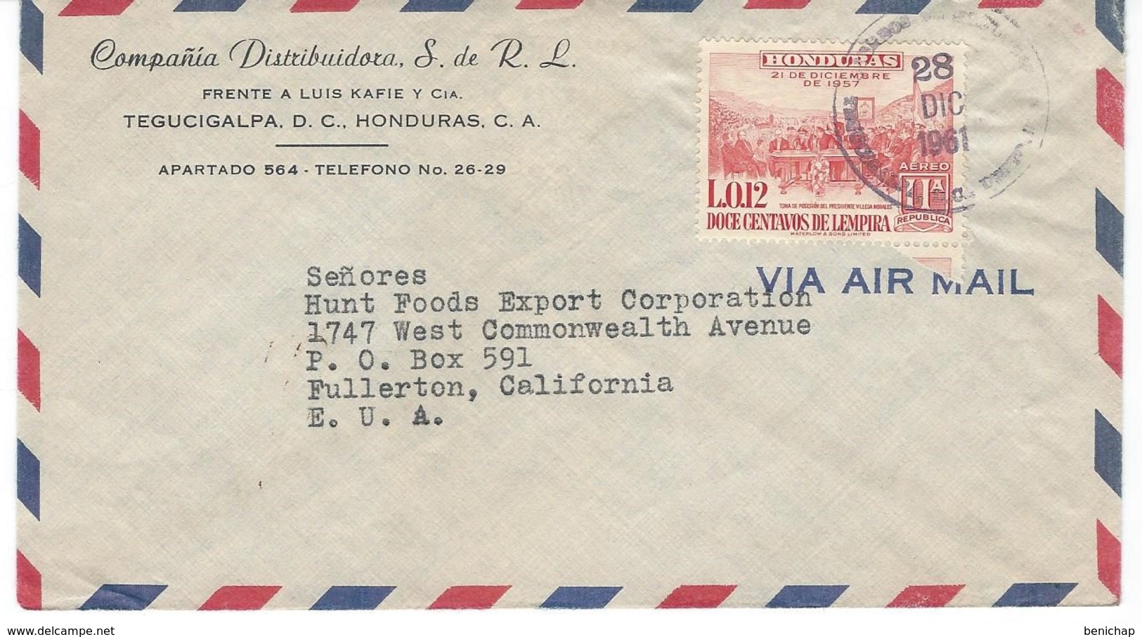 COVER CORREO AERO - BY AIR MAIL - HONDURAS - TEGUCIGALPA - FULLERTON - CALIFORNIA. - Honduras