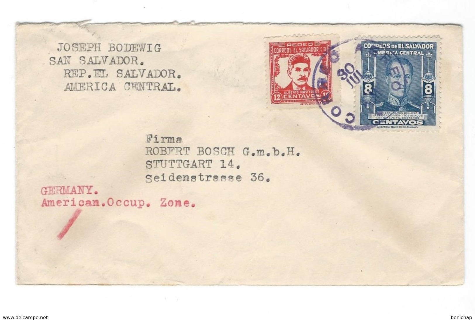 COVER CORREO AERO - BY AIR MAIL - SAN SALVADOR - STUTTGART - AMERICAN OCCUP. ZONE - GERMANY. - Salvador