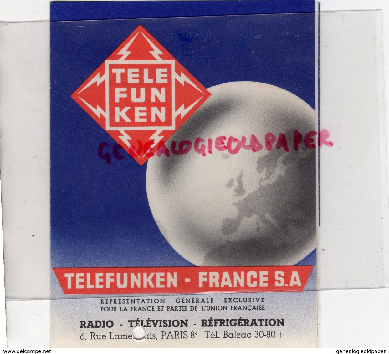 75- PARIS - RARE DEPLIANT PUB TELEFUNKEN FRANCE-RADIO TSF-TELEVISION-REFRIGERATION-OPERA 53-JUBILE-MUSIC-TABOR-LOUXOR - Werbung