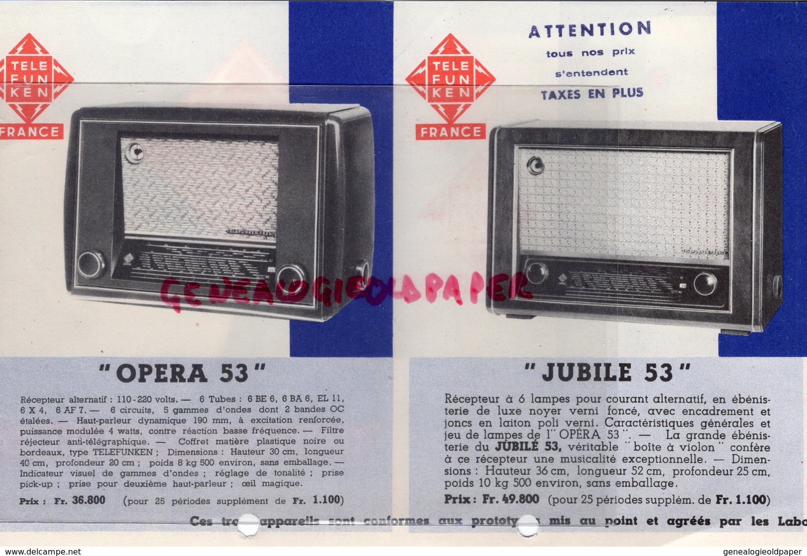 75- PARIS - RARE DEPLIANT PUB TELEFUNKEN FRANCE-RADIO TSF-TELEVISION-REFRIGERATION-OPERA 53-JUBILE-MUSIC-TABOR-LOUXOR - Advertising