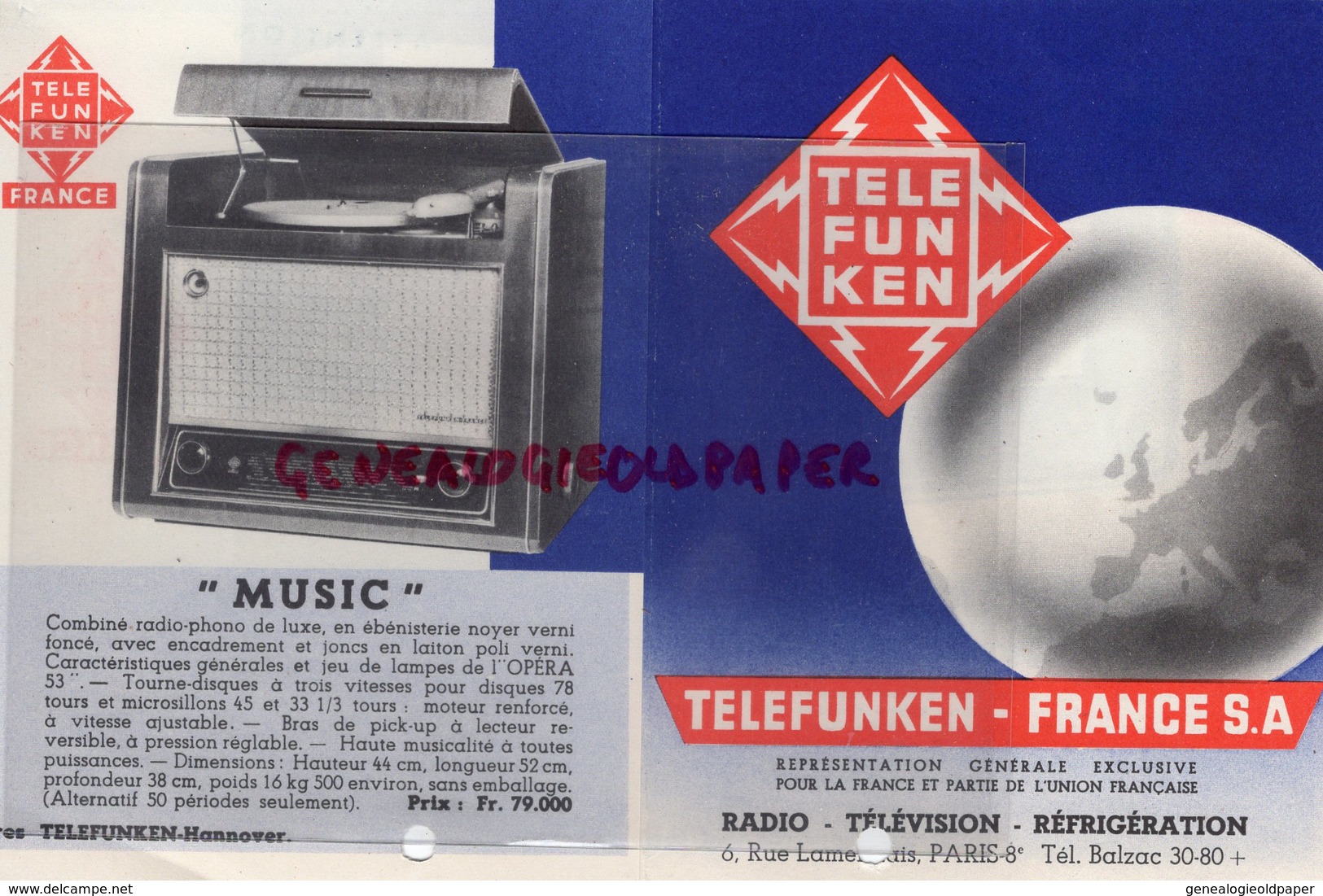 75- PARIS - RARE DEPLIANT PUB TELEFUNKEN FRANCE-RADIO TSF-TELEVISION-REFRIGERATION-OPERA 53-JUBILE-MUSIC-TABOR-LOUXOR - Werbung