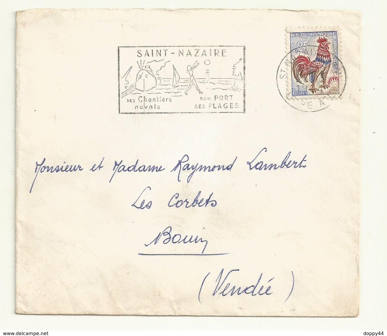 COQ DECARIS 0.25 SUR ENVELOPPE FLAMME SAINT NAZAIRE. - 1962-1965 Hahn (Decaris)