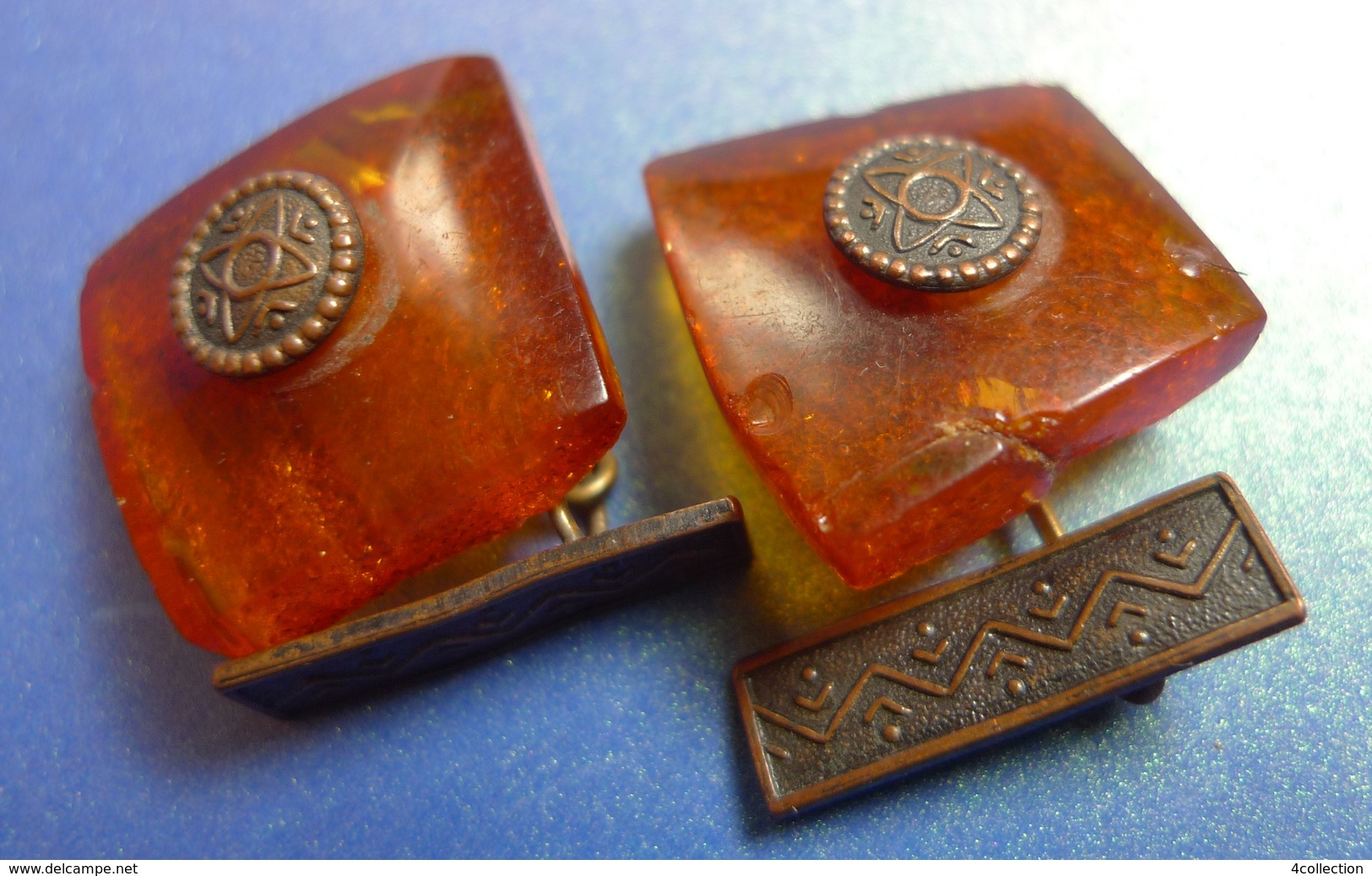 Vintage USSR Latvian Ethnics Men Jewelry Natural Baltic Amber Gemstone CUFFLINKS 7g #4a - Ethnics