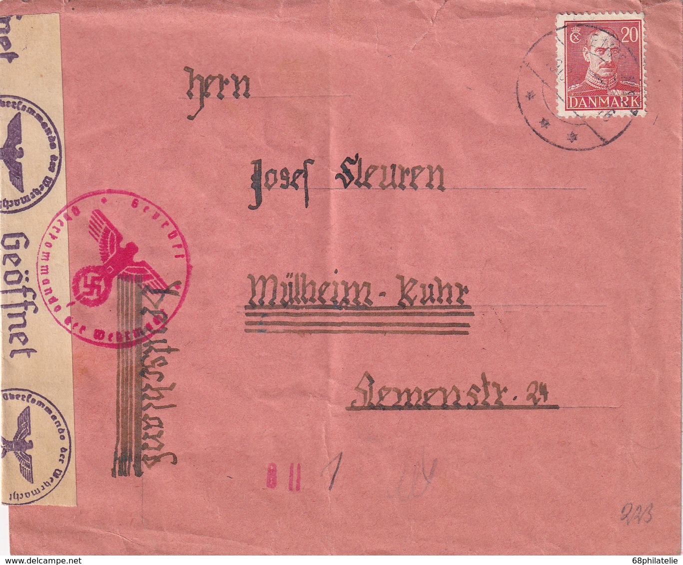 DANEMARK LETTRE CENSUREE POUR MÜLHEIM - Storia Postale