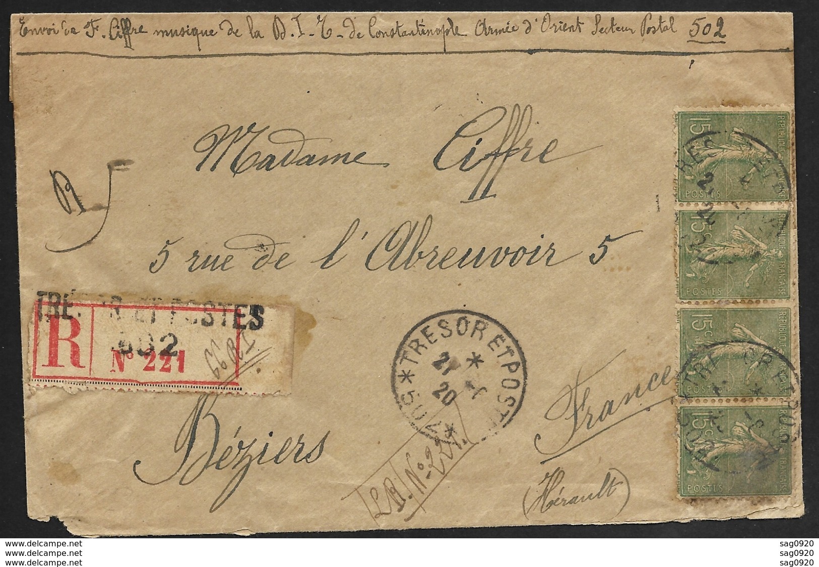 Armée D'Orient Constantinople Secteur Postal 502-Enveloppe Recommandée Pour Béziers-1920 - 1877-1920: Semi-moderne Periode