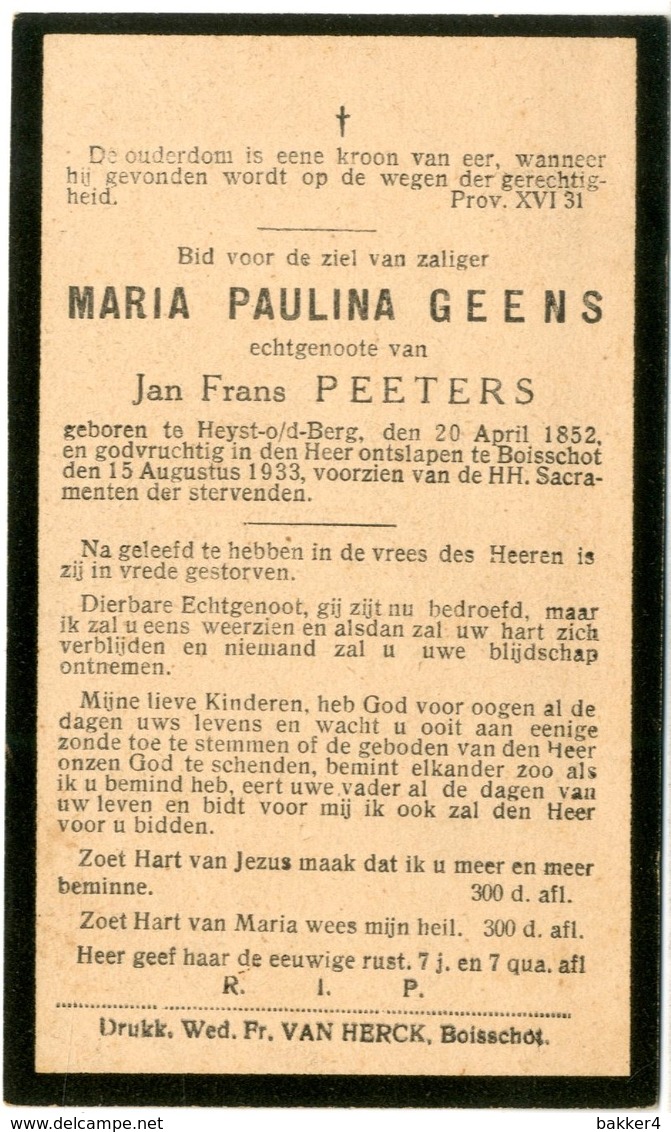 Dp. Geens Maria. Echtg. Peeters Jan. ° Heist-op-den-Berg 1852 † Booischot 1933 - Religion & Esotérisme
