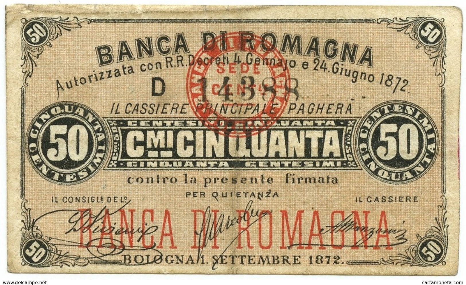 50 CENTESIMI BIGLIETTO FIDUCIARIO BANCA DI ROMAGNA BOLOGNA 01/09/1872 BB/BB+ - Altri & Non Classificati