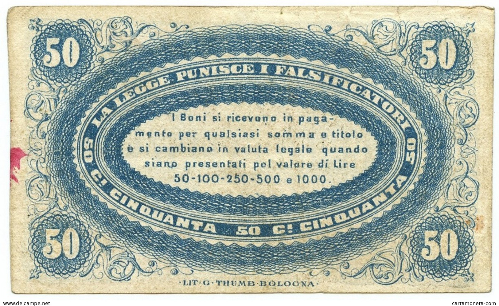 50 CENTESIMI BIGLIETTO FIDUCIARIO BANCA DI ROMAGNA BOLOGNA 01/09/1872 BB/BB+ - Altri & Non Classificati