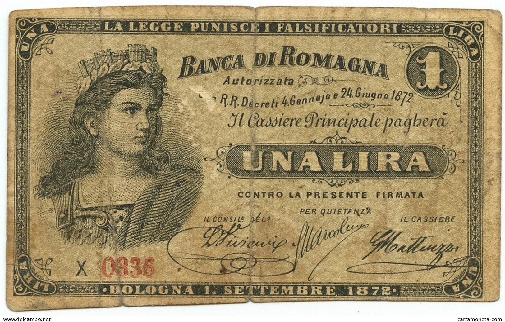 1 LIRA BIGLIETTO FIDUCIARIO BANCA DI ROMAGNA BOLOGNA 01/09/1872 QBB - Altri & Non Classificati