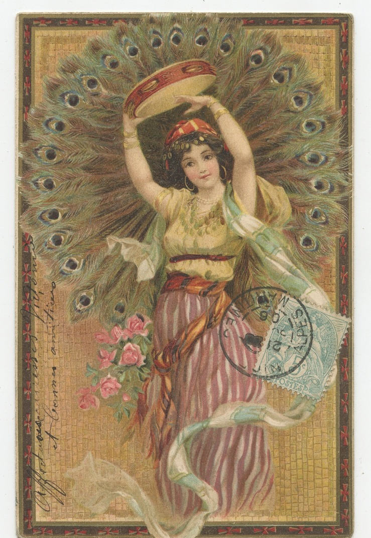 Art Nouveau.jolie Jeune Fille Au Tambourin,danseuse Gitane,bohémienne,plume De Paon            .E.75 - Women