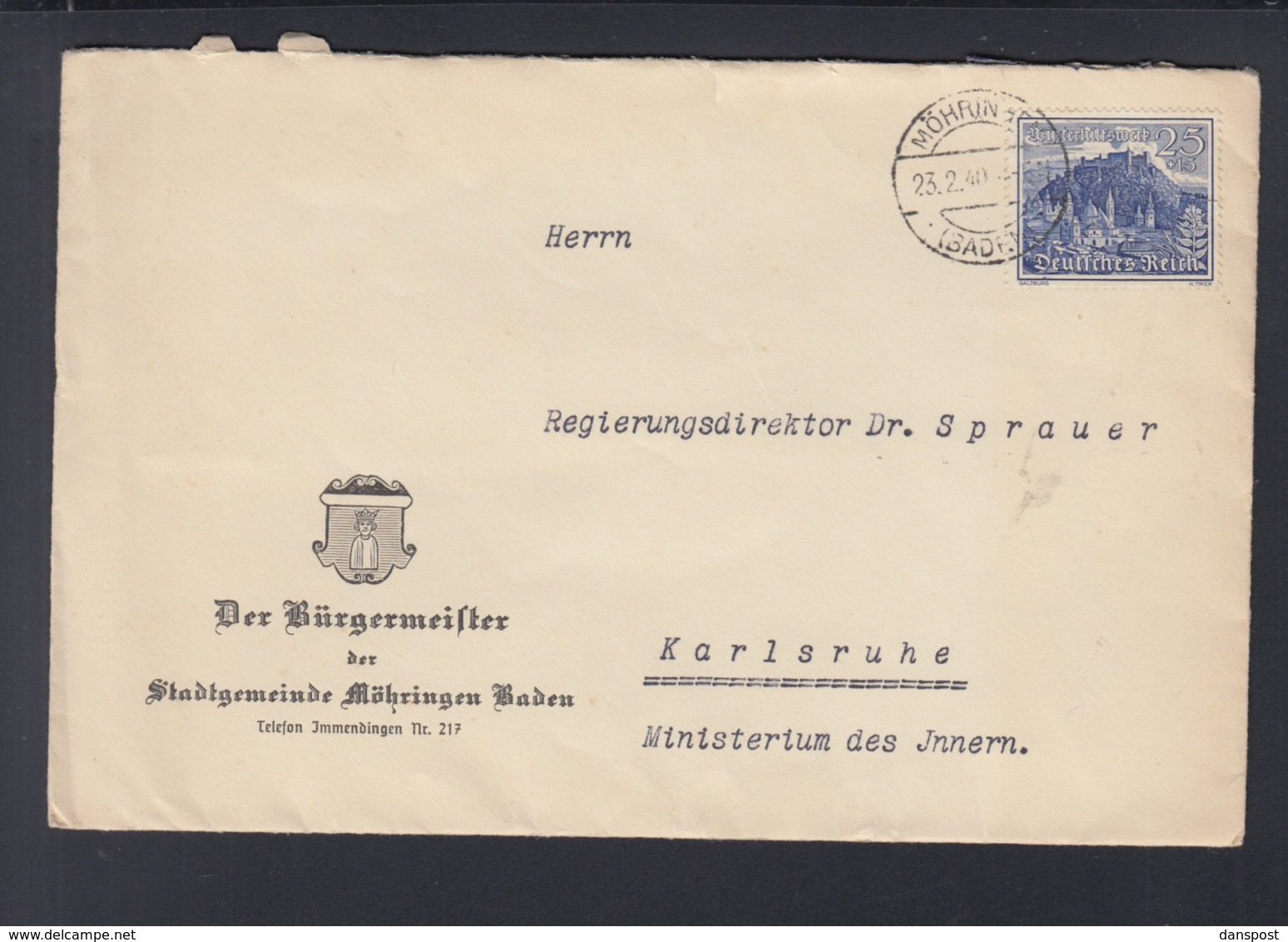 Dt. Reich Brief Möhringen 1940 Vignette Dar Feind Hat Das Wort - Lettres & Documents