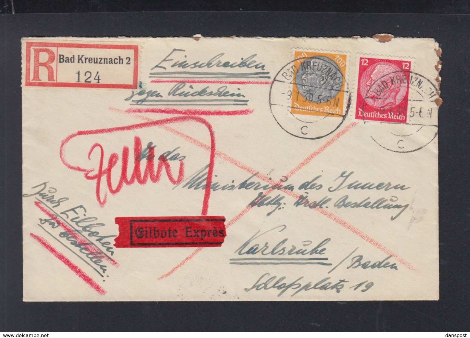 Dt. Reich Expresbrief 1939 Bad Kreuznach Nach Karlsruhe - Storia Postale