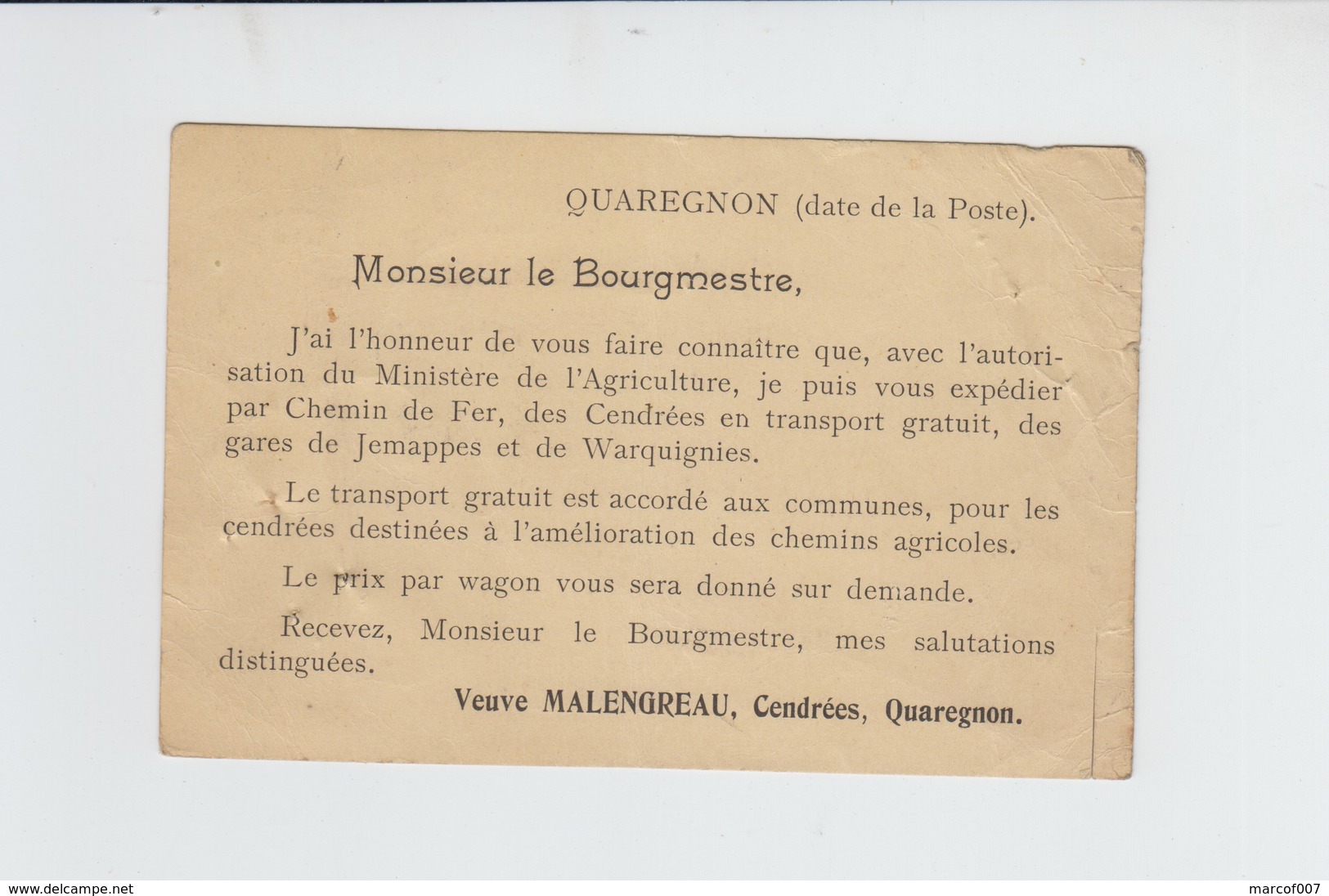 Quaregnon - Carte De Firme  Pour  Mr Le Bourgemestre De Dottignies  + Griffe VERIFIE - 1903 - Quaregnon