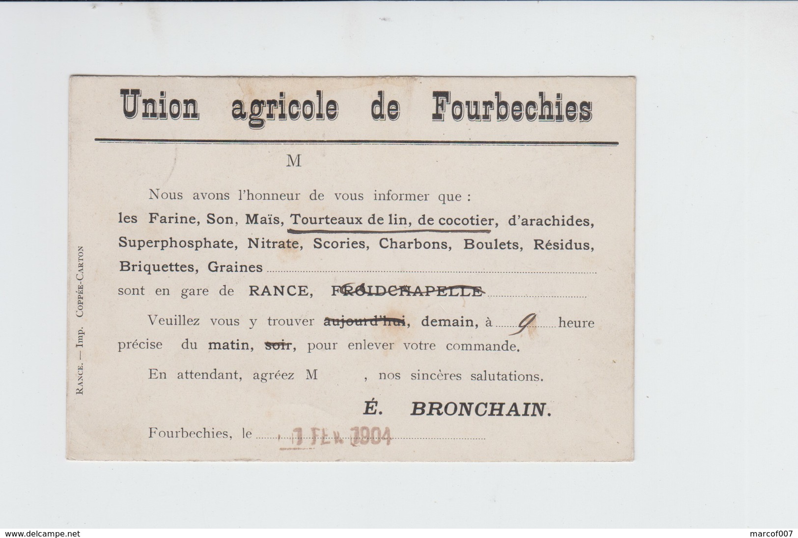 Fourbechies  - Rance - Carte De Firme  Union Agricole Pour Froidchapelle  + Griffe VERIFIE - 1904 - Froidchapelle