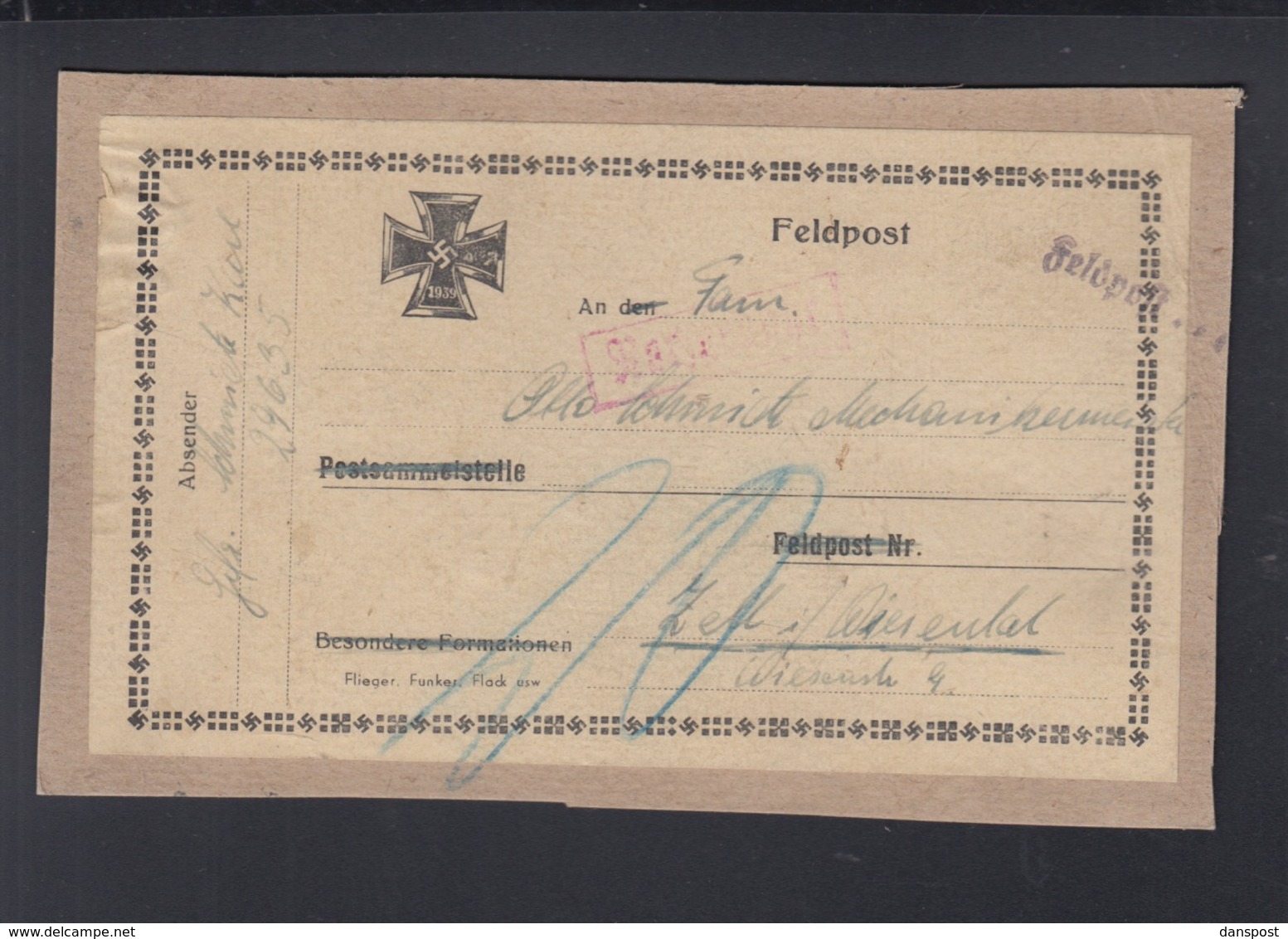 Dt. Reich Feldpost Päckchen-Abschnitt 29635 Nachporto - Covers & Documents