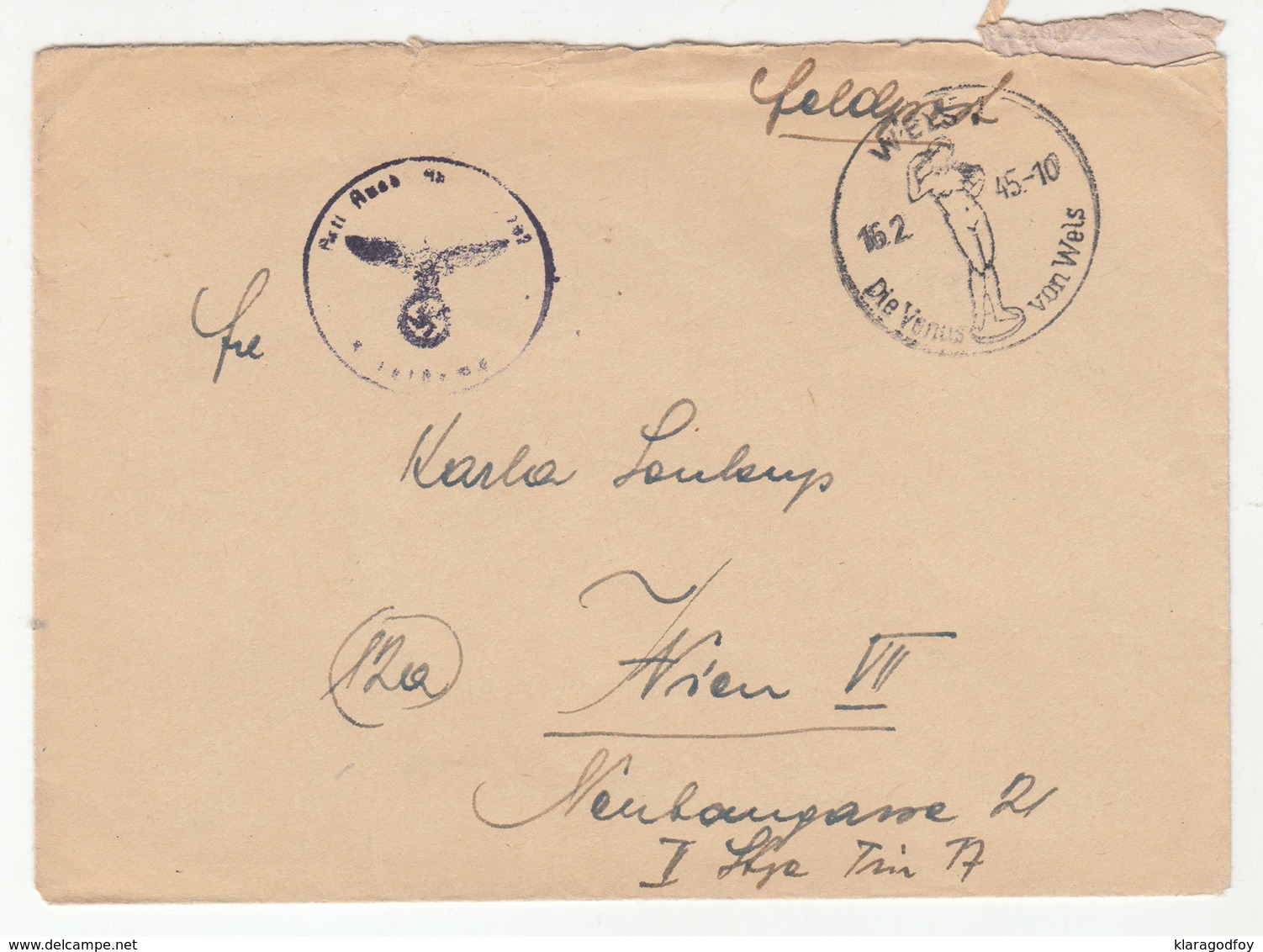 Wien Die Venus Von Wels 1945 Special Postmark On Feldpost Letter Cover Posted 1945 B191201 - Storia Postale