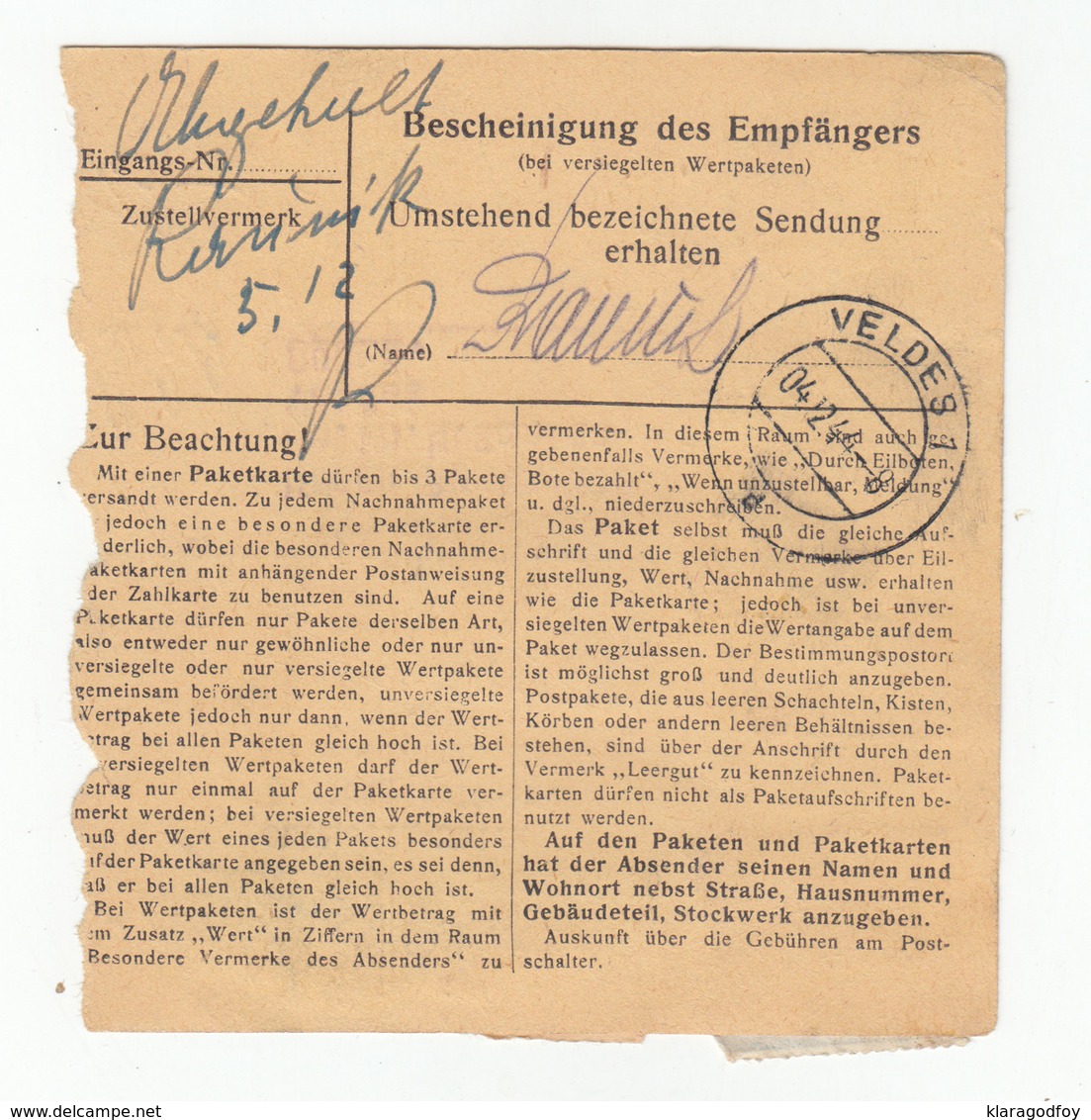 Germany Reich Parcel Card 1944 Wien To Veldes (Bled) B191201 - Covers & Documents