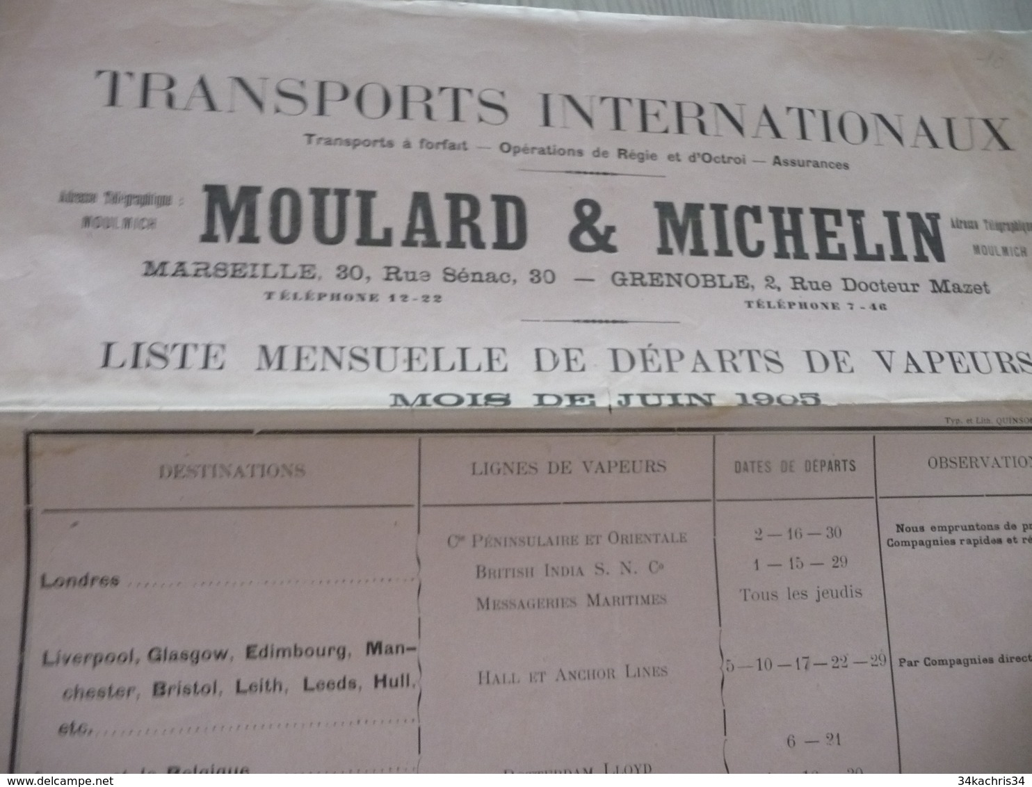 Liste Mensuelle Des Départs De Vapeurs Moulard Michelin In 1905 Marseille Grenoble En L'état - Trasporti