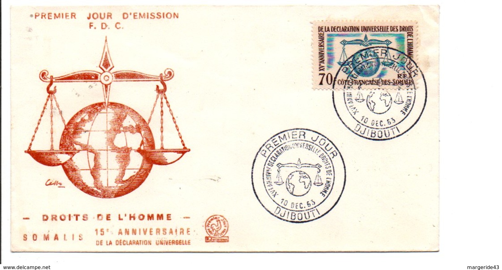 COTES DES SOMALIS FDC 1963 15 ANS DROITS DE L'HOMME - Cartas & Documentos