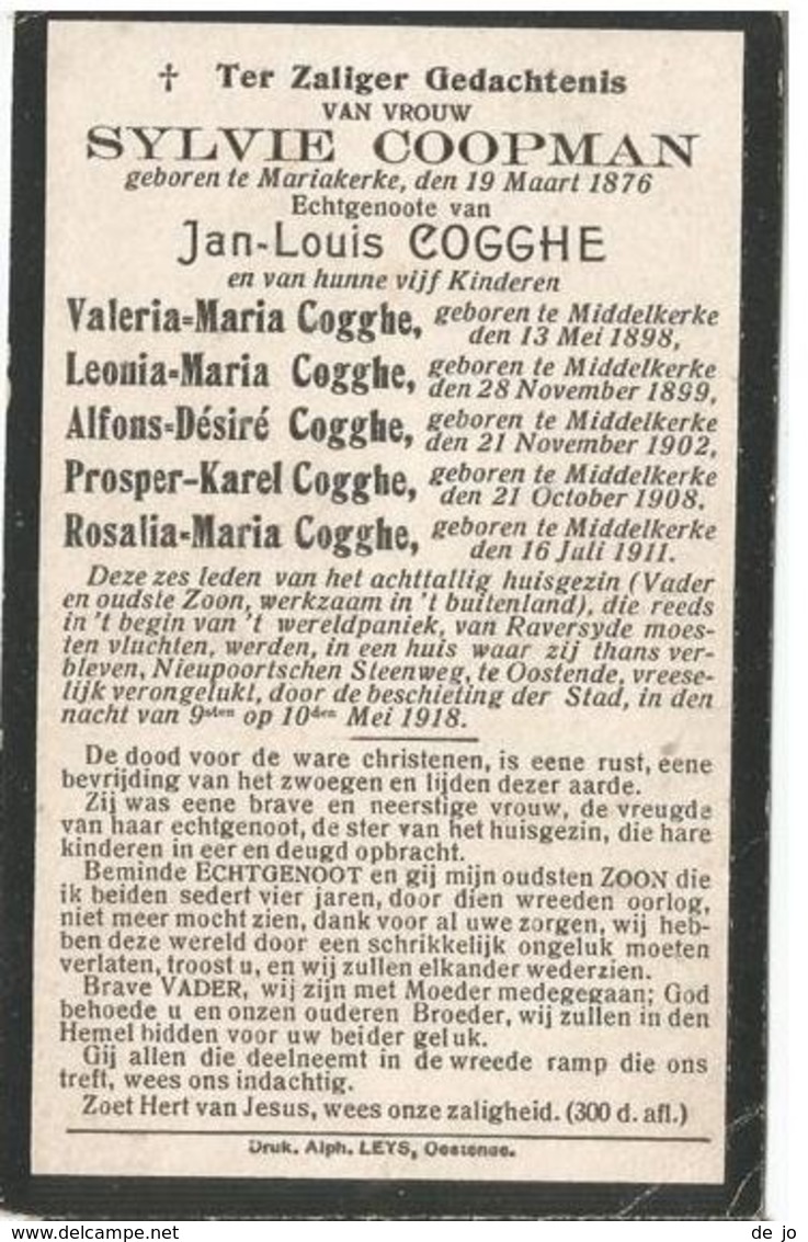 COOPMAN Sylvie Oorlogslachtoffer  WO1 °1876 Mariakerke + Bombardement 1918 + 5 Kinderen Cogghe Mortuaire Funeral Card - Godsdienst & Esoterisme