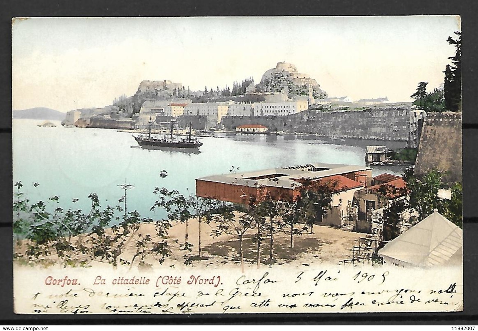 GRECE  -   CORFOU  -  1909 .  La Citadelle.  Bateau.  Pour Lyon En France. - Grecia