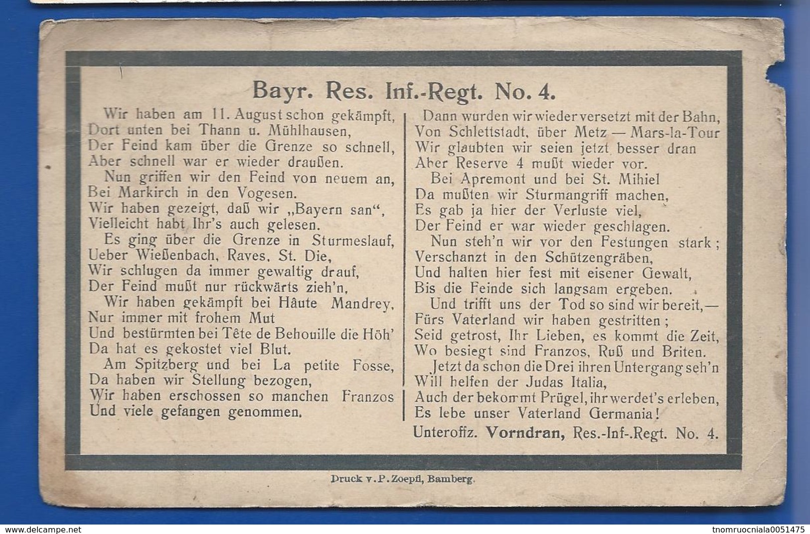 FELDPOSTKARTE   BAYR.RES INF.REGT. N°4   Oblitération: 1/9/1915 - Guerre 1914-18