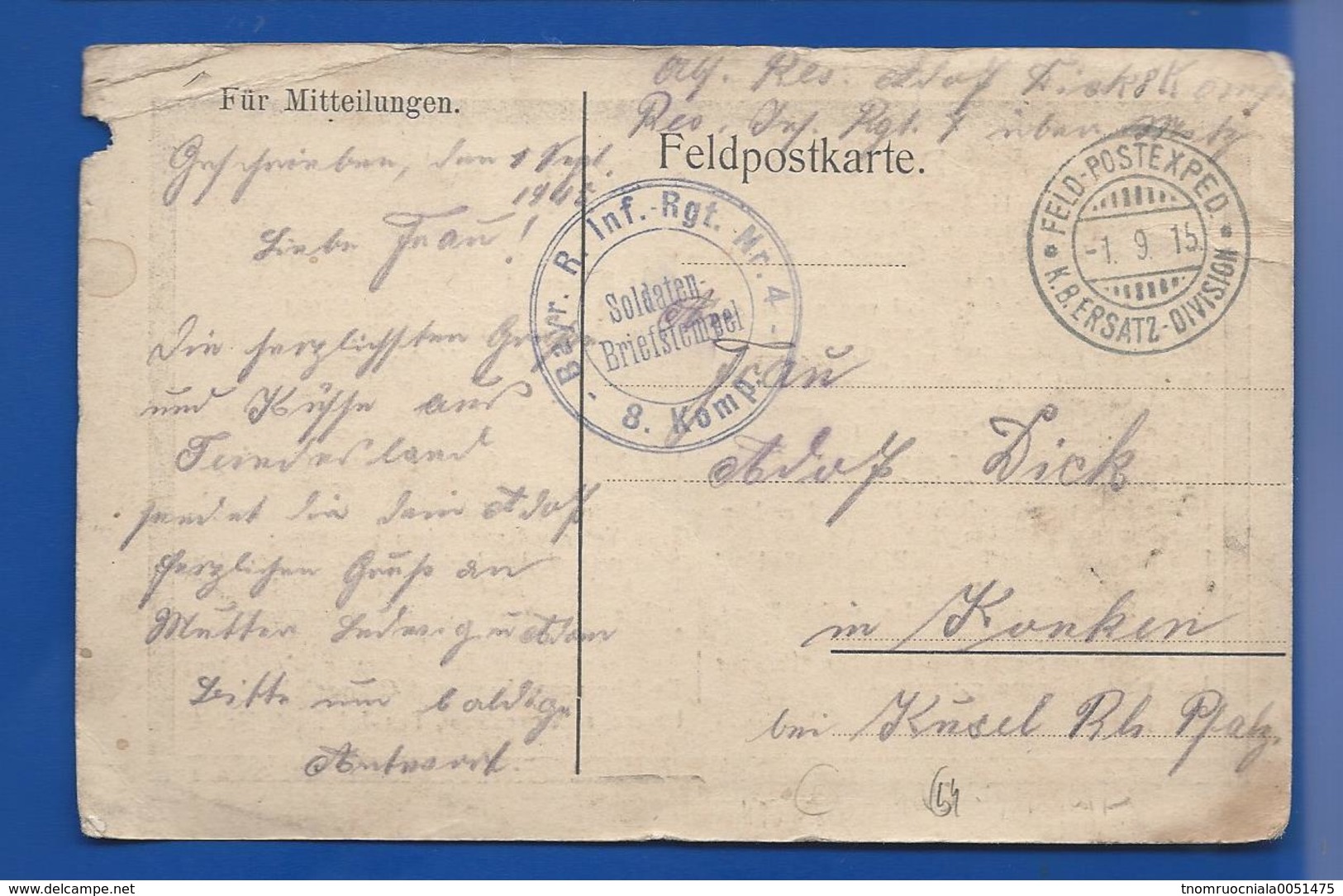 FELDPOSTKARTE   BAYR.RES INF.REGT. N°4   Oblitération: 1/9/1915 - Guerre 1914-18