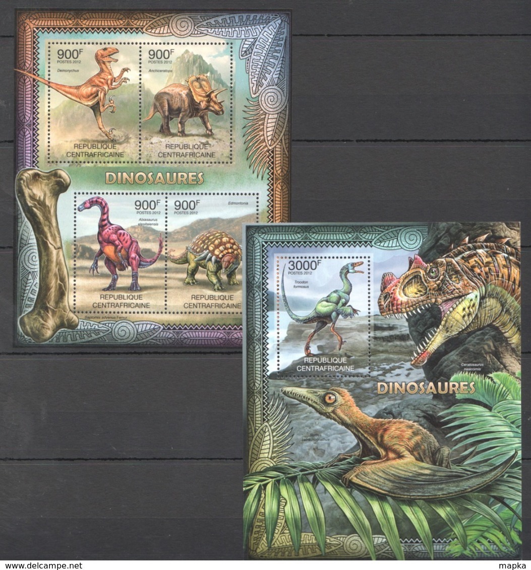 CA830 2012 CENTRAL AFRICA CENTRAFRICAINE FAUNA REPTILES DINOSAURS DINOSAURES 1KB+1BL MNH - Prehistóricos