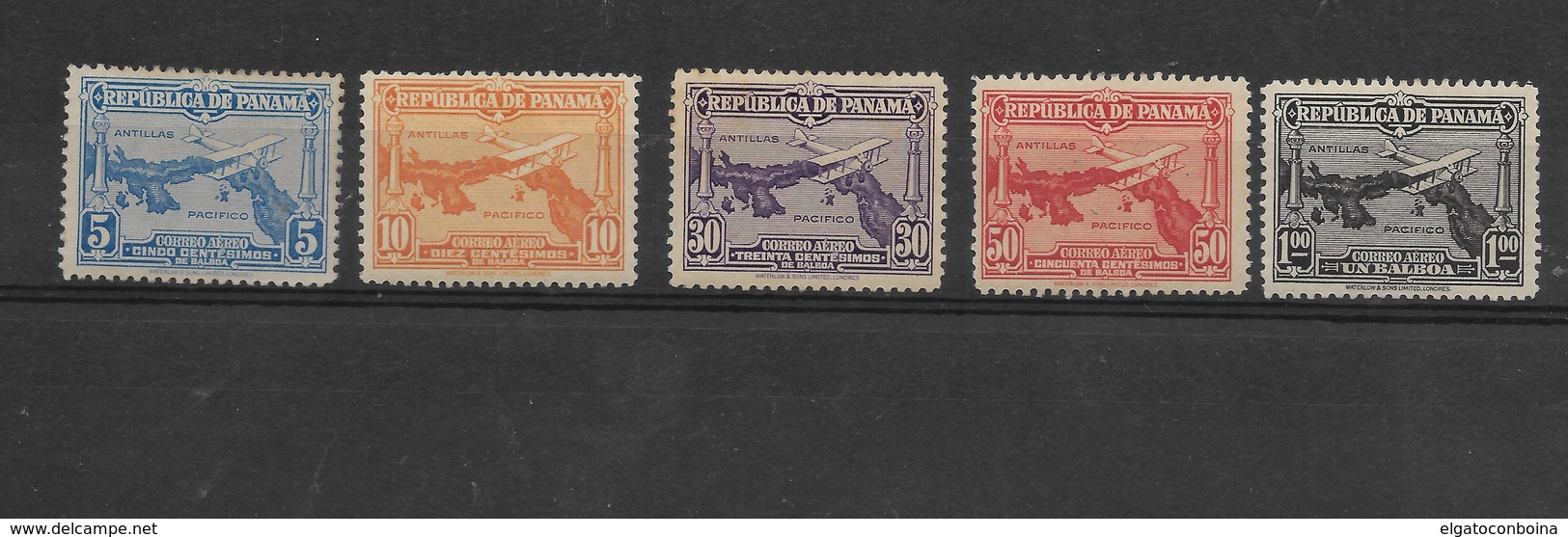 PANAMA 1930 MAP OF PANAMA AIRPLANE MICHEL 156/60 SCOTT C10-14 SET MINT LIGHTLY HINGED VF - Panama