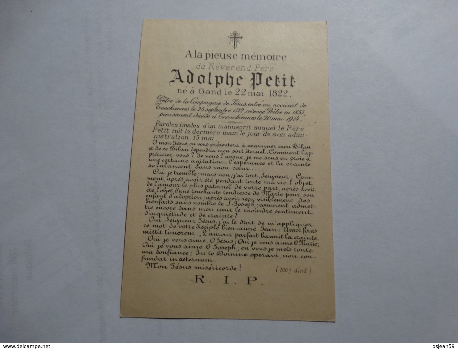 A La Pieuse Mémoire Du Révérend Père Adolphe Petit Né à Gand Le 22/05/1822 Et Décédé à Tronchiennes Le 20/051914 - Godsdienst & Esoterisme