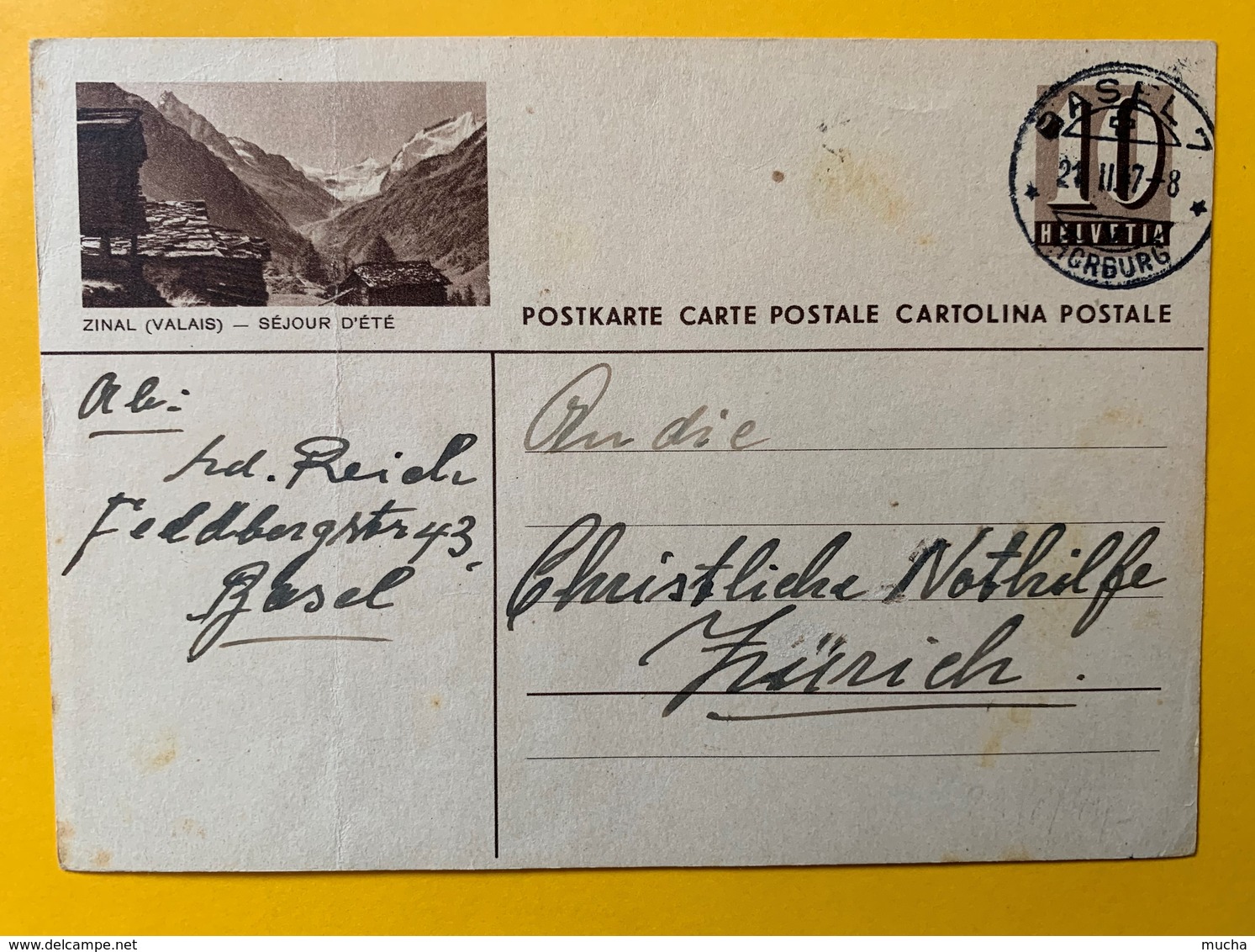 9502 -  Entier Postal Illustration Zinal Séjour D'été Basel 7 21.02.1947 !!!!pli - Entiers Postaux