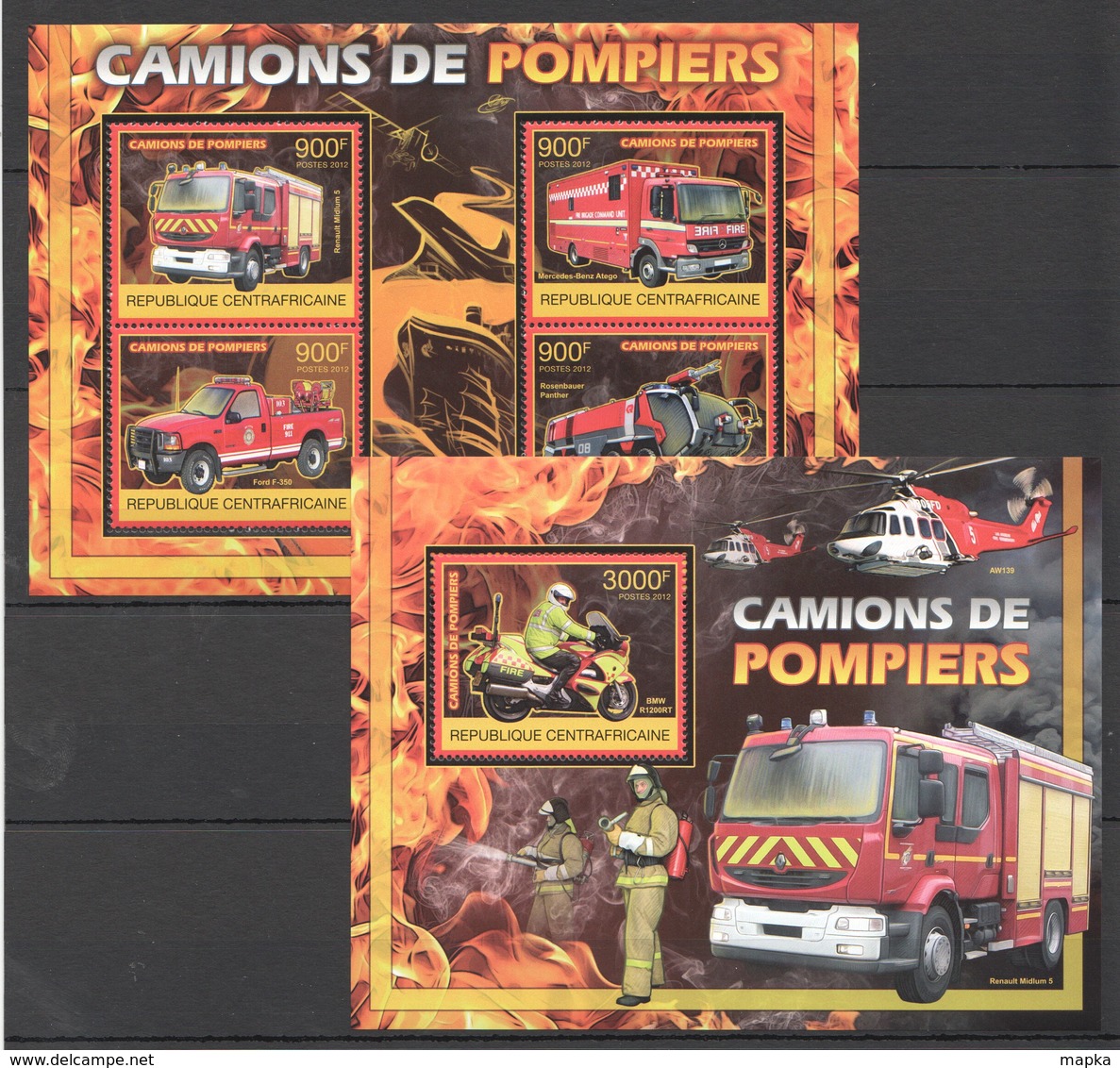 CA851 2012 CENTRAL AFRICA CENTRAFRICAINE CAMIONS DE POMPIERS FIRE TRUCKS 1KB+1BL MNH - Vrachtwagens