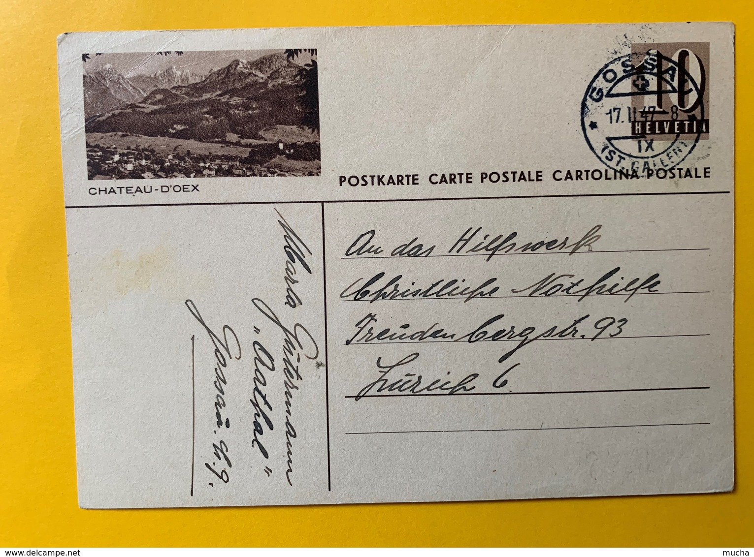 9503 -  Entier Postal Illustration Château-D'Oex Gossau 17.02.1947 - Entiers Postaux