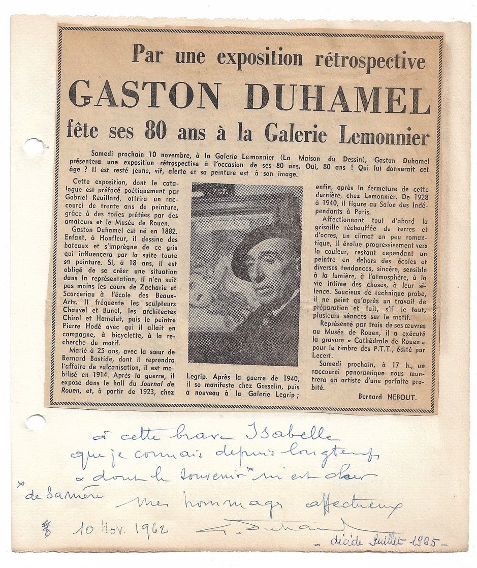 GASTON DUHAMEL   ARTISTE PEINTRE  1962    ROUEN - Altri & Non Classificati