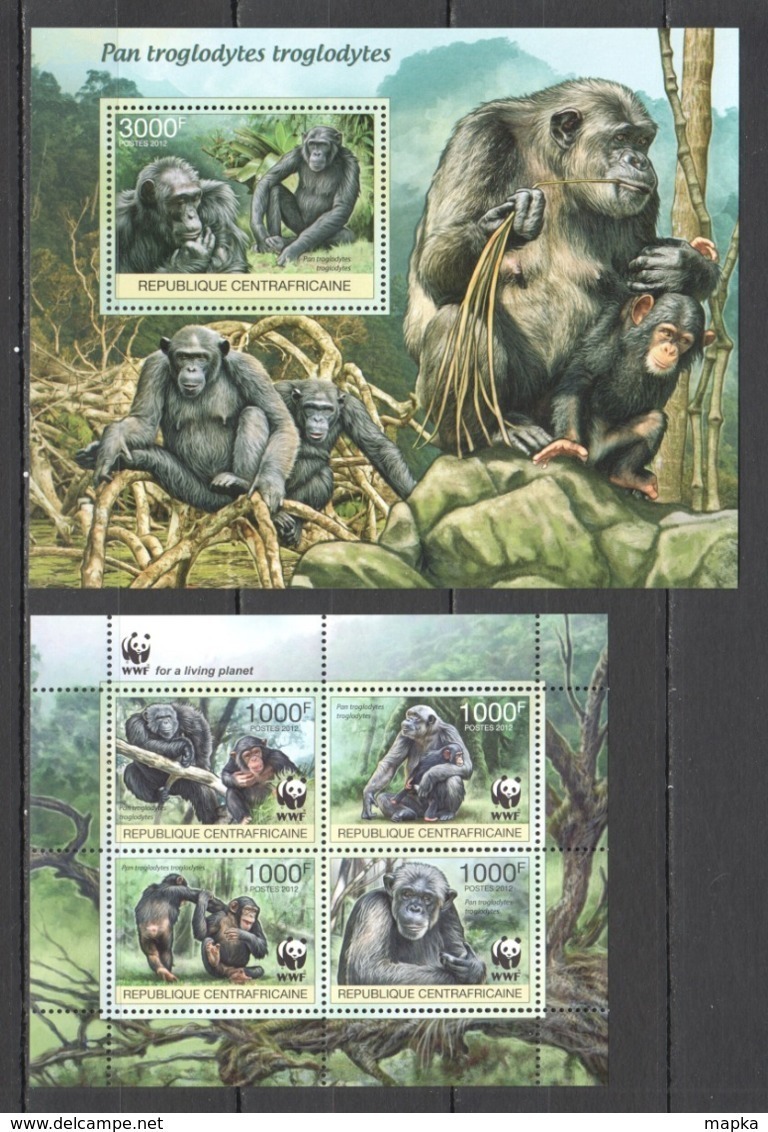 CA860 2012 CENTRAL AFRICA CENTRAFRICAINE WWF FAUNA ANIMALS PRIMATES MONKEYS TROGLODYTES 1KB+1BL MNH - Sonstige & Ohne Zuordnung