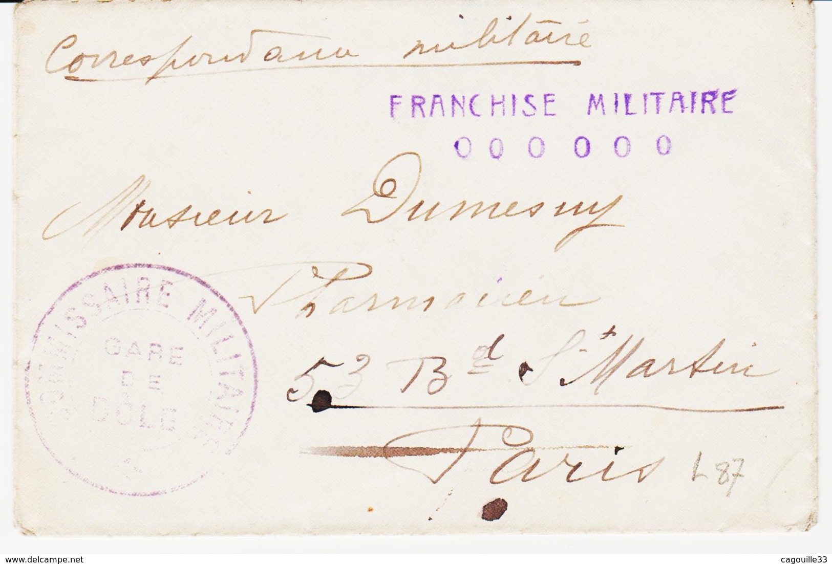 France,, Franchise  Militaire Gare De Dole , Franchise Militaire Avec 6  Zero ( Ou O )  En 14/18 TB - Timbres De Franchise Militaire